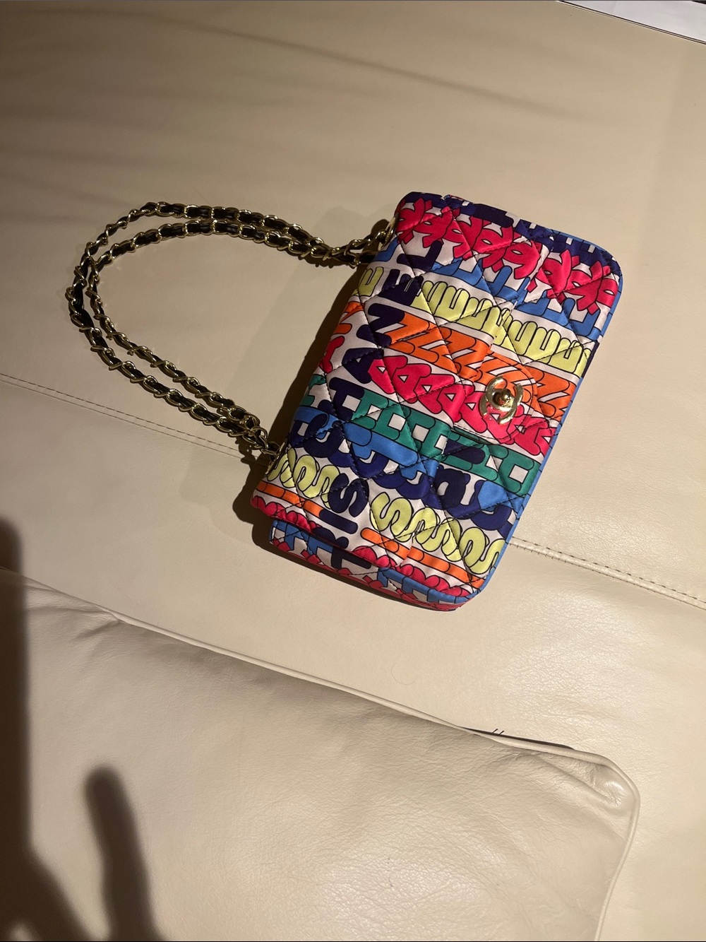 Multicolor Logo Quilted Shoulder Bag in White Base with Rainbow Stripe - Picture 5 of 8